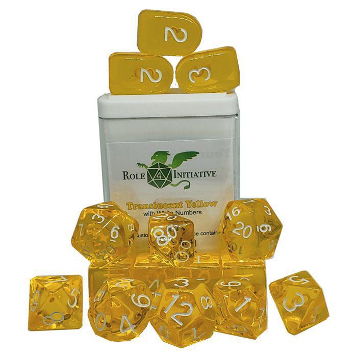 Polyhedral Dice: Translucent Yellow with White Numbers - Set of 15