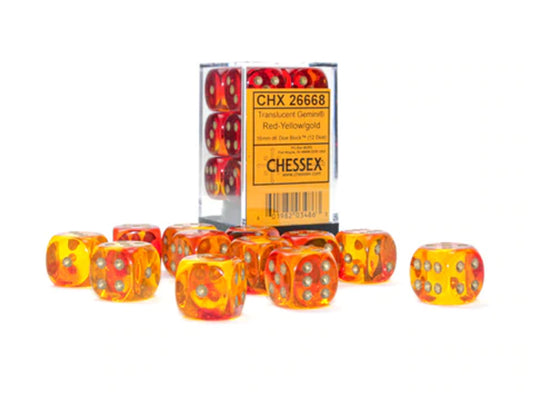 Dice D6 16mm: Gemini:  Translucent Red-Yellow/gold