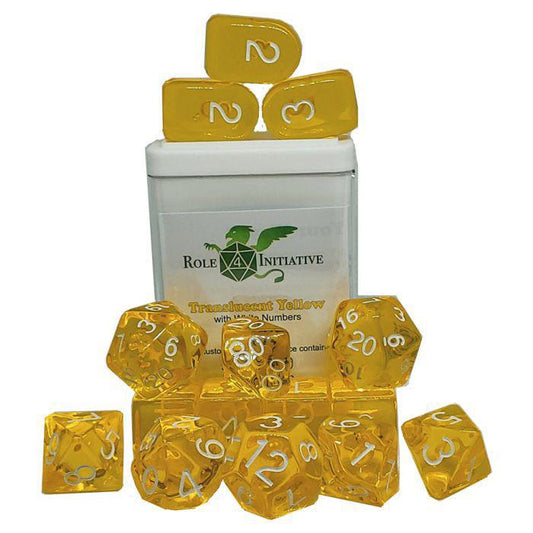 Polyhedral Dice: Translucent Yellow with White Numbers - Set of 15