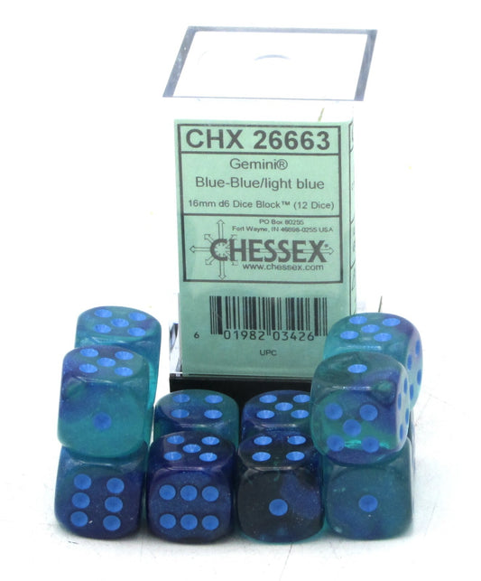 Dice D6 16mm: Gemini: Blue-Blue/light blue Luminary