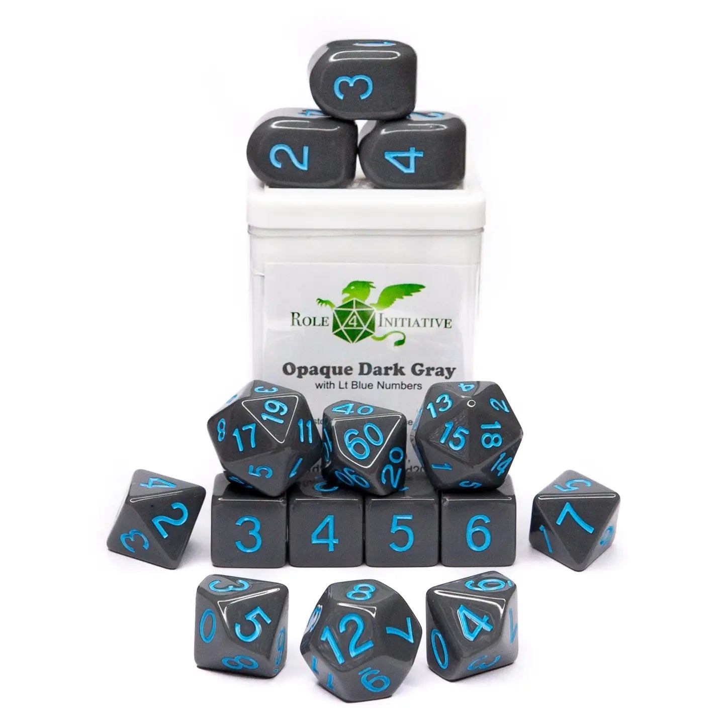 Role 4 Initiative Set of 15 dice w/ Arch'd4: Opq Dark Gray w/ Lt Blue