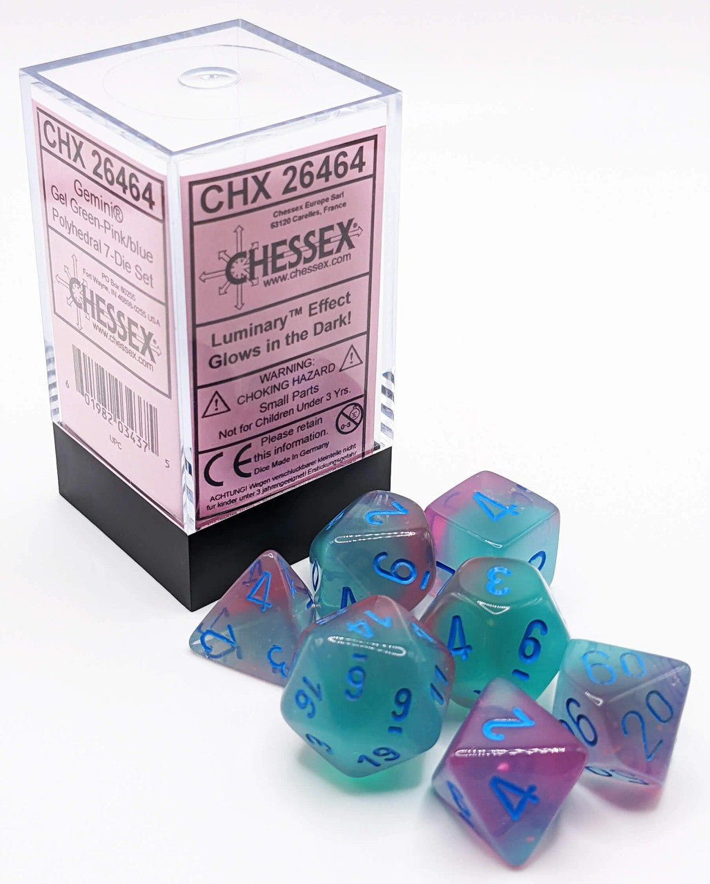 Dice Polyhedral: Gemini: Gel Green-Pink/blue Luminary