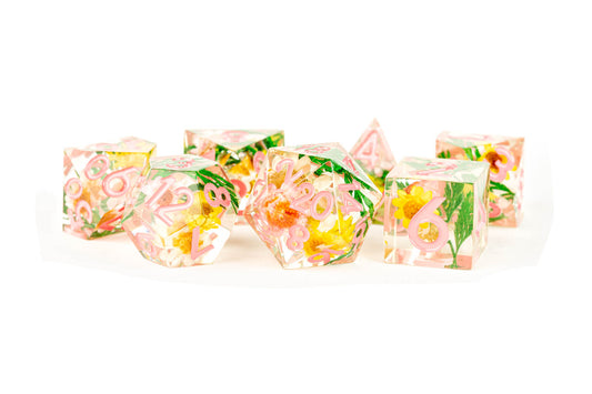 Handcrafted Sharp Edge Resin Dice Set: Chyrsanthemum/Pink (7)