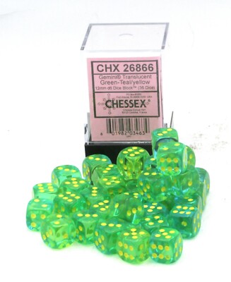 Dice D6 12mm: Gemini: Translucent Green-Teal/yellow